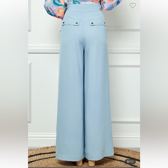 Alamia Blue Wide Leg Pocketed Buckled Trousers Pant - Picture 3 of 7